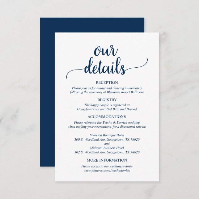 Carte D'accompagnement Nos détails Mariages, Rustic Navy Blue Script (Devant / Derrière)