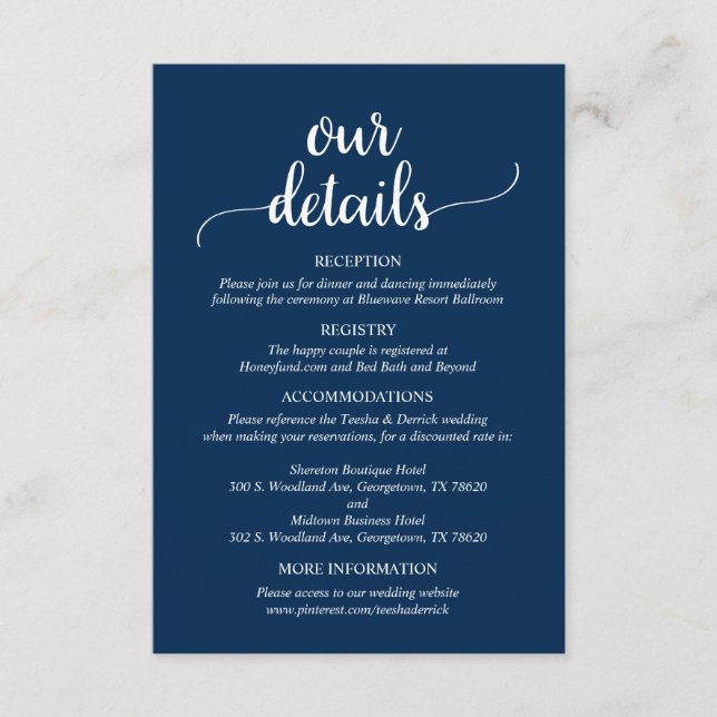 Carte D'accompagnement Nos détails Mariages, Rustic Navy Blue Script (Devant)