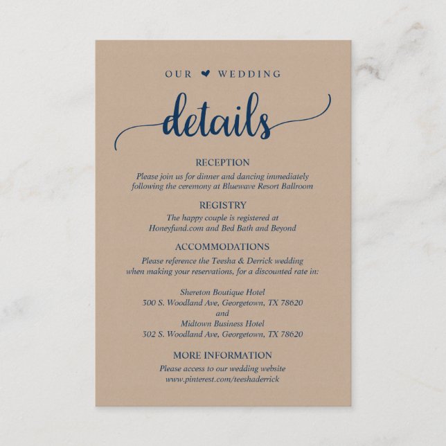 Carte D'accompagnement Nos détails Mariages, Rustique Brown Kraft Navy Bl (Devant)