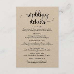 Carte D'accompagnement Nos détails Mariages, Script rustique, Kraft Brown