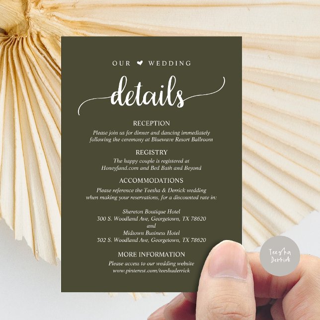 Carte D'accompagnement Nos détails Mariages, vert olive rustique (Our Wedding Details, Rustic Script Invitation Enclosure Card, in Olive Green)