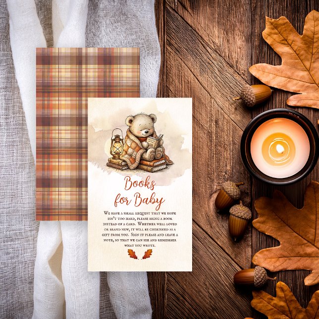 Carte D'accompagnement Nos prochains chapitres Livres de douche pour bébé (Our Next Chapter Teddy Bear  Books for Baby enclosure card with autumn plaid back)