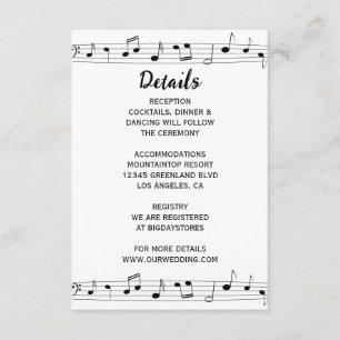 Carte D'accompagnement Notes musicales Mariage Monogramme noir et blanc