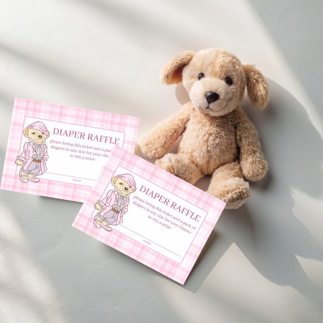 Carte D'accompagnement Nous pouvons attendre rose plaid tombole de couche (We can bearly wait pink plaid girls teddy bear baby shower diaper raffle enclosure cards)