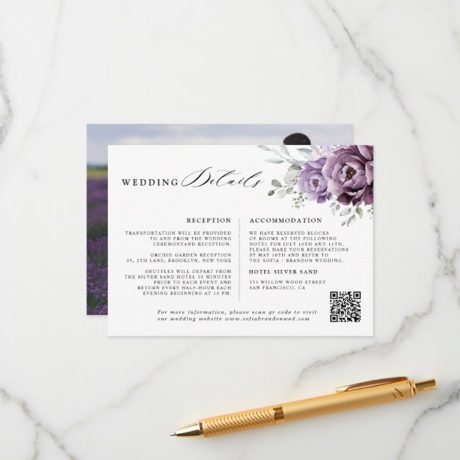 Carte D'accompagnement Nuances de Dusty violet Mariage Floral Détails (Devant/Arrière en situation)