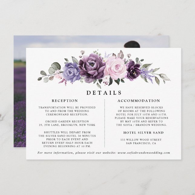 Carte D'accompagnement Nuances de Dusty violet Mariage Floral Détails (Devant / Derrière)