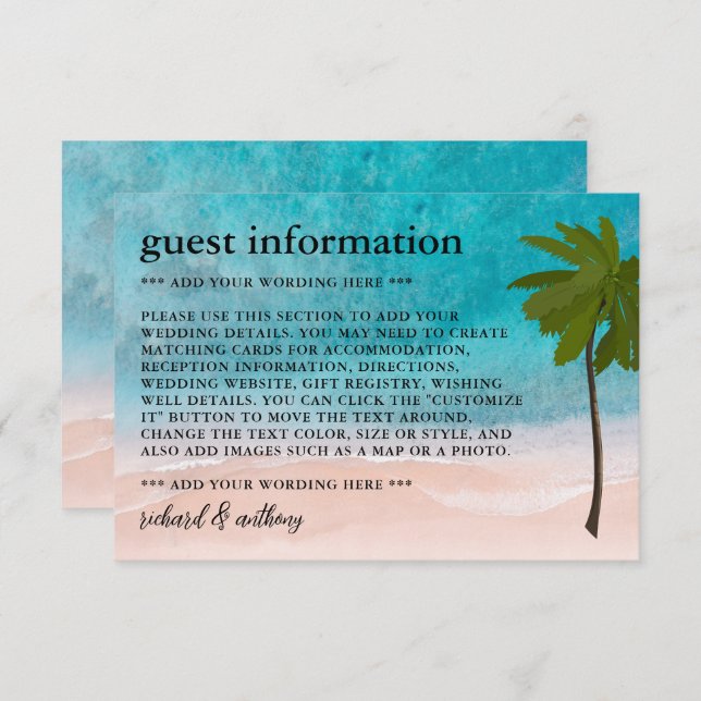 Carte D'accompagnement Ocean Beach Palm Tree Mariage Détails (Devant / Derrière)