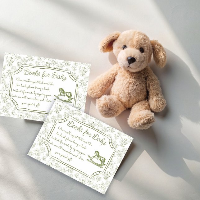 Carte D'accompagnement Oh bébé livre de demande de cheval à bascule vert  (Oh baby sage green rocking horse vintage baby shower book request enclosure cards books for baby)