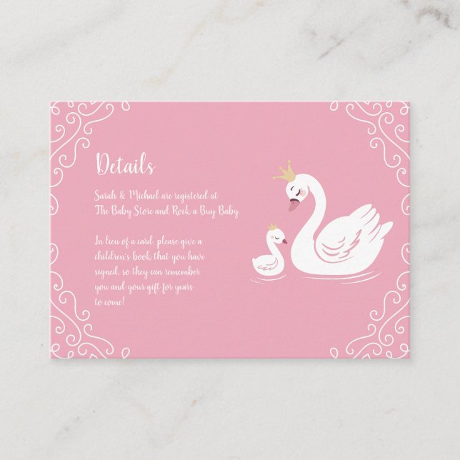 Carte D'accompagnement Oiseau Baby shower cygne avec thème Couronne rose (Devant)