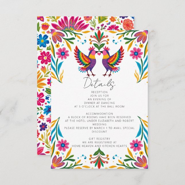 Carte D'accompagnement Oiseaux mexicains Otomi Vibrant Floral Fiesta Mari (Devant / Derrière)