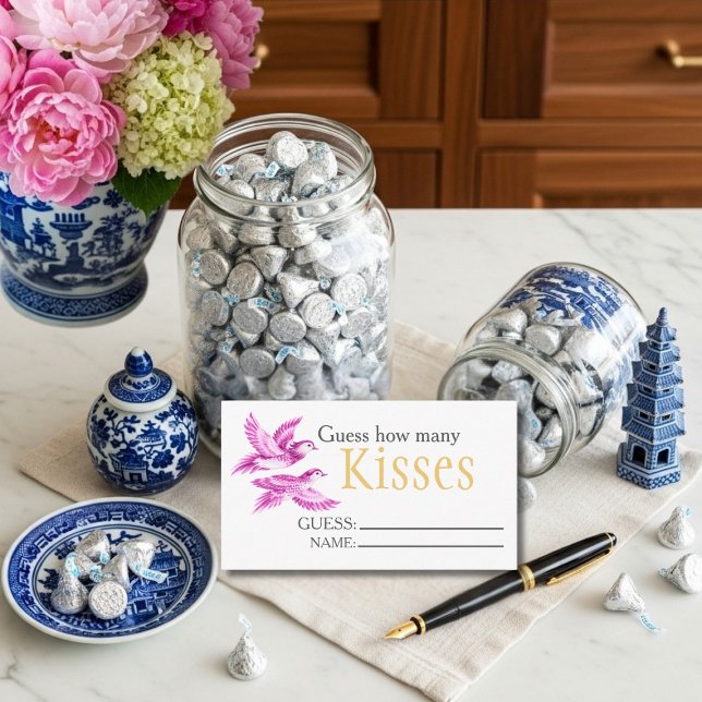 Carte D'accompagnement Oiseaux roses  "Devinez combien de baisers" Jeu de (Pink birds "Guess How Many Kisses" Bridal Game Enclosure Card)