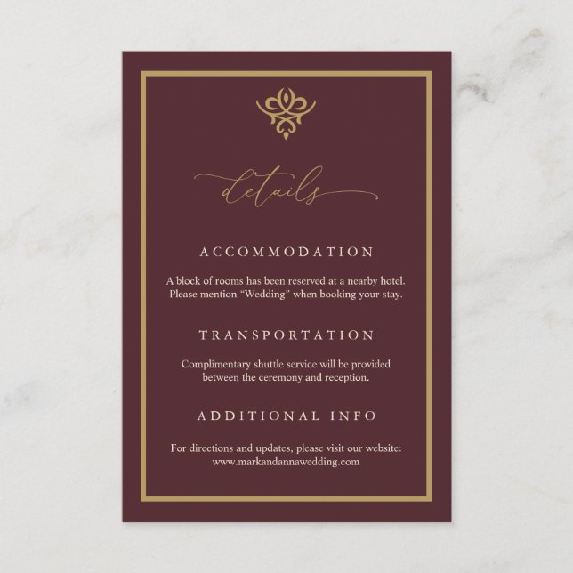 Carte D'accompagnement Old Money Burgundy Wedding Enclosure Card (Devant)