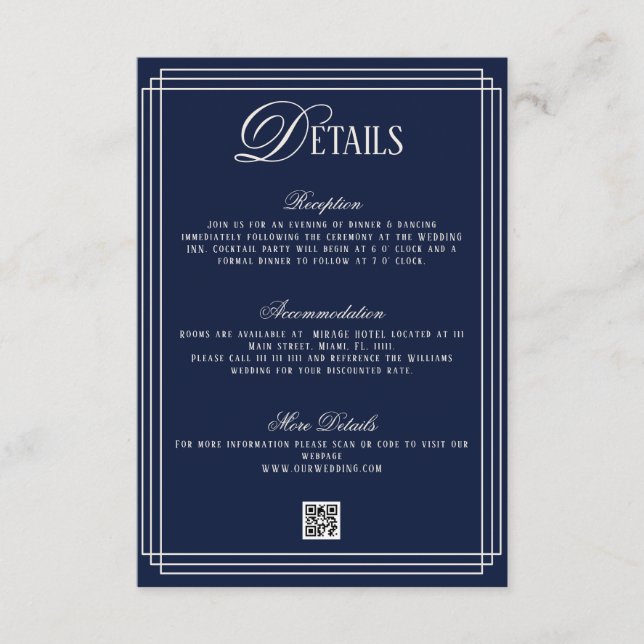 Carte D'accompagnement Old Money Dark Blue Wedding Details  (Devant)
