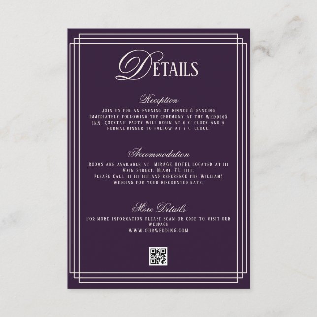 Carte D'accompagnement Old Money Dark Purple Wedding Details  (Devant)