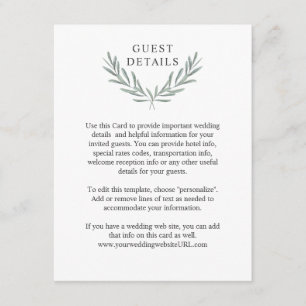 Carte D'accompagnement Olive Branches Laurel Wreath Détails sur l'invité