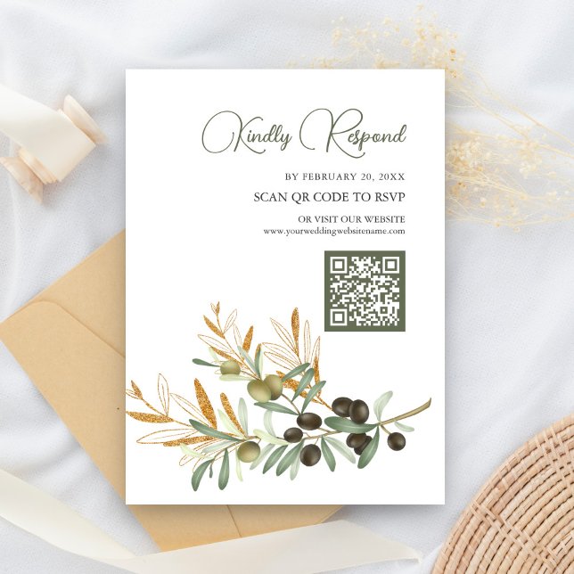 Carte D'accompagnement Olive Feuille Gold Branch QR Code RSVP Mariage (Créateur téléchargé)
