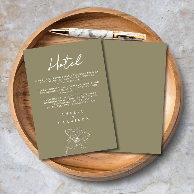 Carte D'accompagnement Olive Green Elegant Floral Mariage Hotel (Olive Green Elegant Floral Wedding Hotel Enclosure Card with Line Art Flower, Script Calligraphy.)