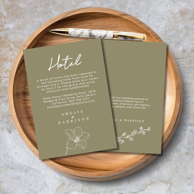 Carte D'accompagnement Olive Green Elegant Wedding Hotel (Olive Green Elegant Wedding Hotel Enclosure Card with Delicate Flowers, Wedding Website.)