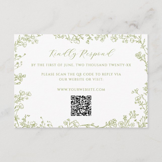 Carte D'accompagnement Olive Green Floral Line Art Wedding QR Code (Devant)