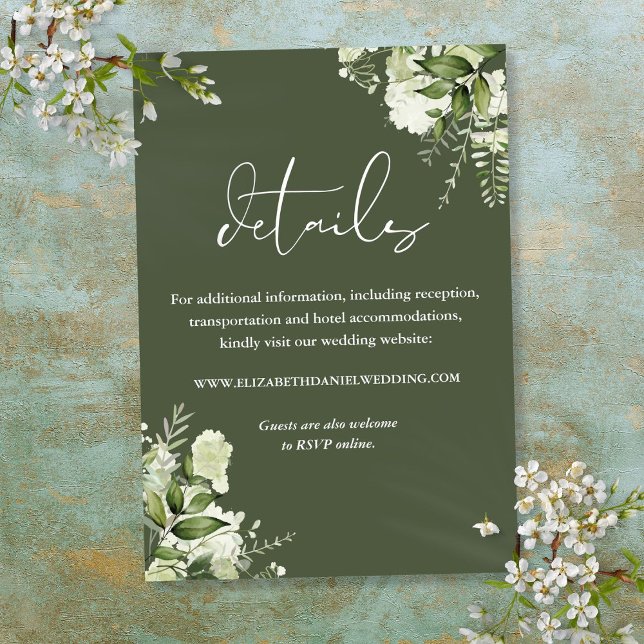 Carte D'accompagnement Olive Green Greenery Floral Détails du Mariage (Olive Green Greenery Floral Wedding Details Enclosure Card)