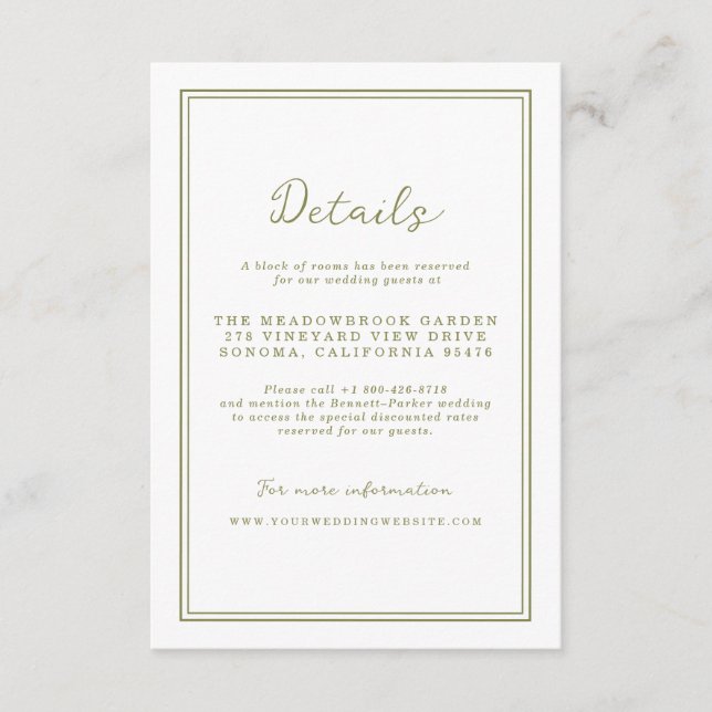Carte D'accompagnement Olive Green Modern Wedding Details Card (Devant)