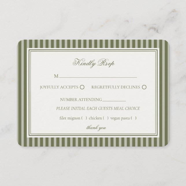 Carte D'accompagnement Olive Martini Green Old Money Striped Wedding RSVP (Devant)
