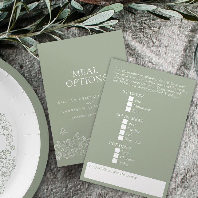 Carte D'accompagnement Options de repas mariage sauge vert blanc fleur (Créateur téléchargé)