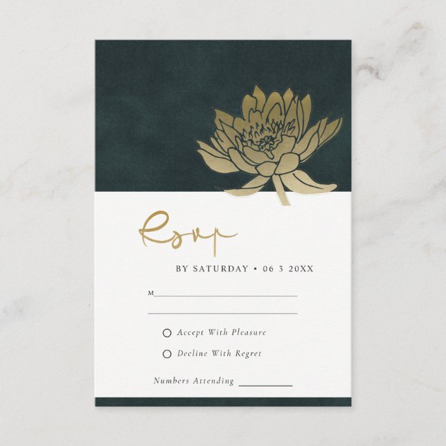 CARTE D'ACCOMPAGNEMENT OR EMERALD VERT LOTUS MARIAGE FLORAL RSVP (Devant)