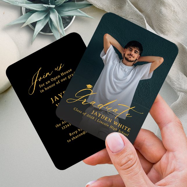 Carte D'accompagnement Or Mini Moderne Script Photo Graduation (Black Gold Mini Modern Script Photo Graduation Enclosure Card)