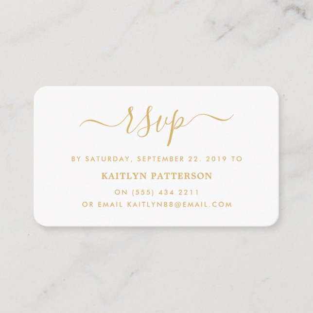 Carte D'accompagnement Or moderne et blanc Script simple RSVP (Devant)