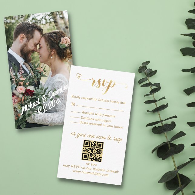Carte D'accompagnement or moderne photo rsvp mariage chic code qr (Créateur téléchargé)