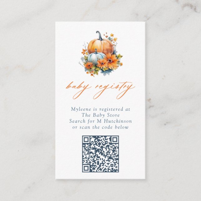 Carte D'accompagnement Orange & Blue Floral Citrouille QR Code Baby Regis (Devant)