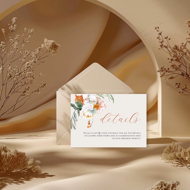 Carte D'accompagnement Orange Boho Fall Floral QR Code Détails du Mariage (Créateur téléchargé)