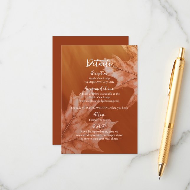 Carte D'accompagnement orange brûlée avec feuilles d'érable détails (Devant/Arrière en situation)