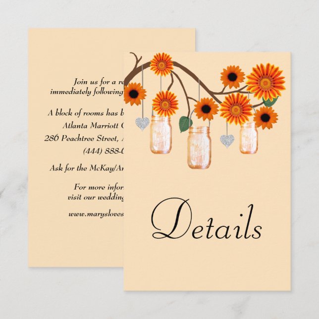 Carte D'accompagnement Orange Flowers Mason Jars Détails du Mariage (Devant / Derrière)