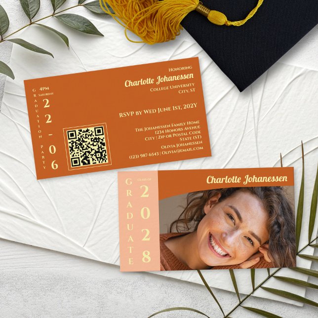 Carte D'accompagnement Orange Modern Photo  QR Code Graduation Party  (Créateur téléchargé)