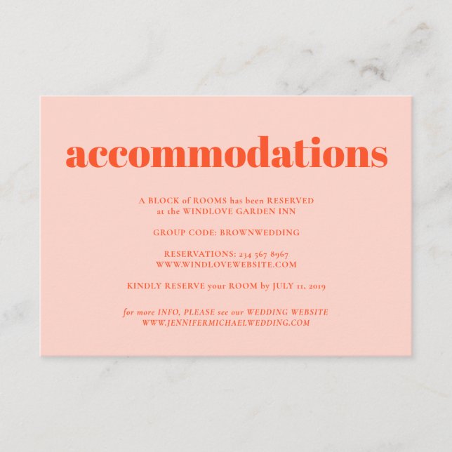 Carte D'accompagnement Orange Pink Minimalist Wedding Accommodations (Devant)