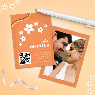 Carte D'accompagnement Orange Retro Daisy Boho QR Code Détails du Mariage