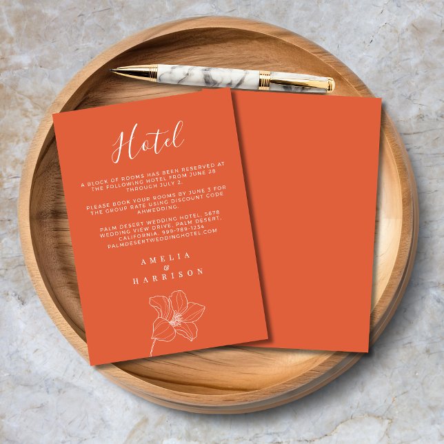 Carte D'accompagnement Orange Verona Sunset Floral Mariage Hotel (Orange Verona Sunset Floral Wedding Hotel Enclosure Card with Hotel Details, Couple Names.)