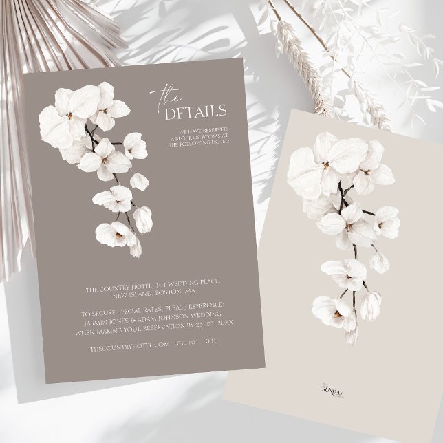 Carte D'accompagnement Orchidée blanche gris moderne Détails du Mariage (Modern Gray White Orchids Wedding Details Enclosure Card)
