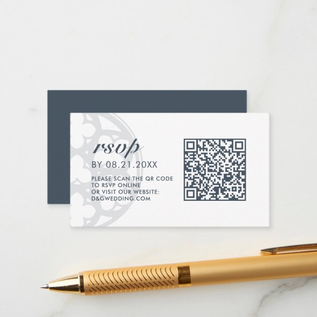 Carte D'accompagnement Orion Blue Élégant Classique Château Code QR RSVP (Devant/Arrière en situation)