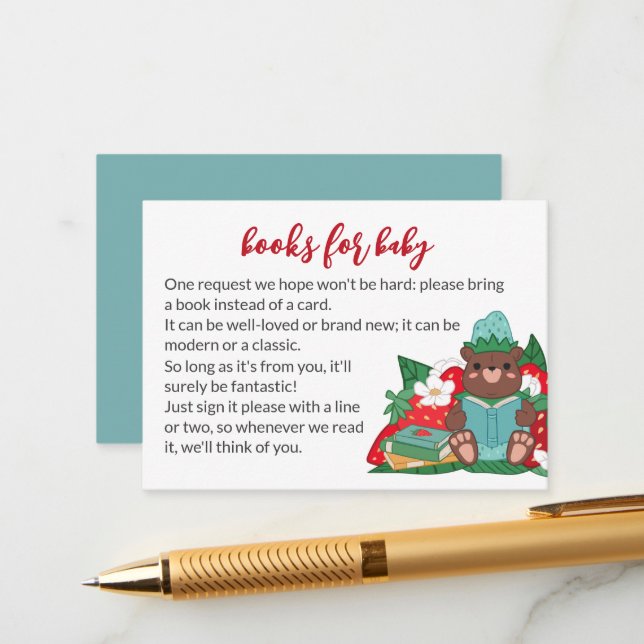 Carte D'accompagnement Ours de fraise bleu doux Apporter des livres Baby  (Devant/Arrière en situation)