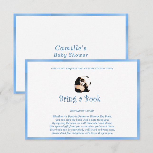 Carte D'accompagnement Ours Panda Livre Bleu (Devant / Derrière)