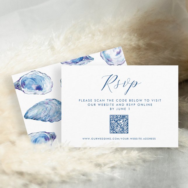 Carte D'accompagnement Oyster Mariage QR RSVP bleu aquarelle (Oyster online RSVP card with QR Code and Elegant blue watercolor oyster shells by Concertina Press)