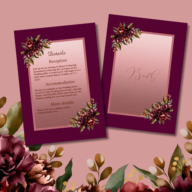 Carte D'accompagnement paillettes Rose Or Script - mariage floral bordeau (Créateur téléchargé)