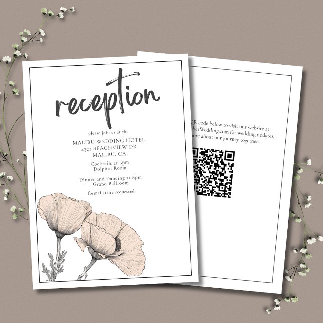 Carte D'accompagnement Pale Peach Poppy Floral Élégante Réception De Mari (Pale Peach Wedding Reception Card featuring California Poppies with QR Code for Wedding Website.)