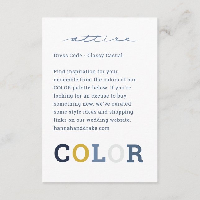 Carte D'accompagnement Palette de couleurs de mariage Code vestimentaire (Devant)