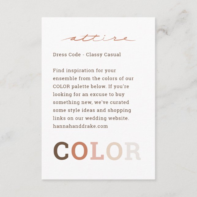 Carte D'accompagnement Palette de couleurs de mariage Code vestimentaire  (Devant)