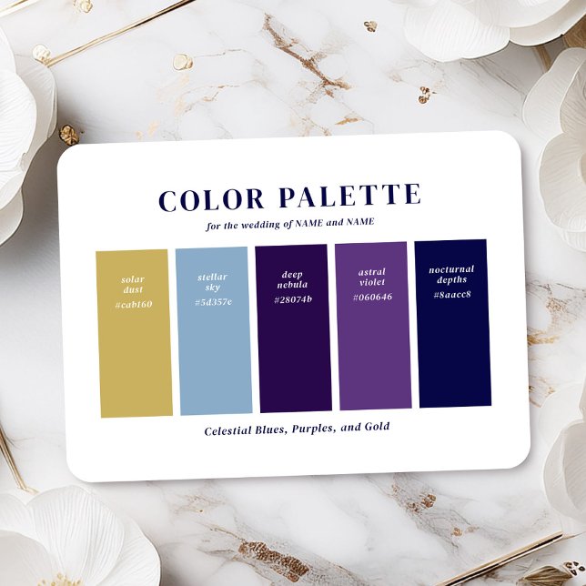 Carte D'accompagnement Palette de couleurs Mariage céleste bleu foncé et  (Complete your wedding planning with the "Celine" wedding suite color palette swatch card.)