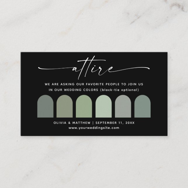 Carte D'accompagnement Palette de mariage vert sauge tenue | Code vestime (Devant)